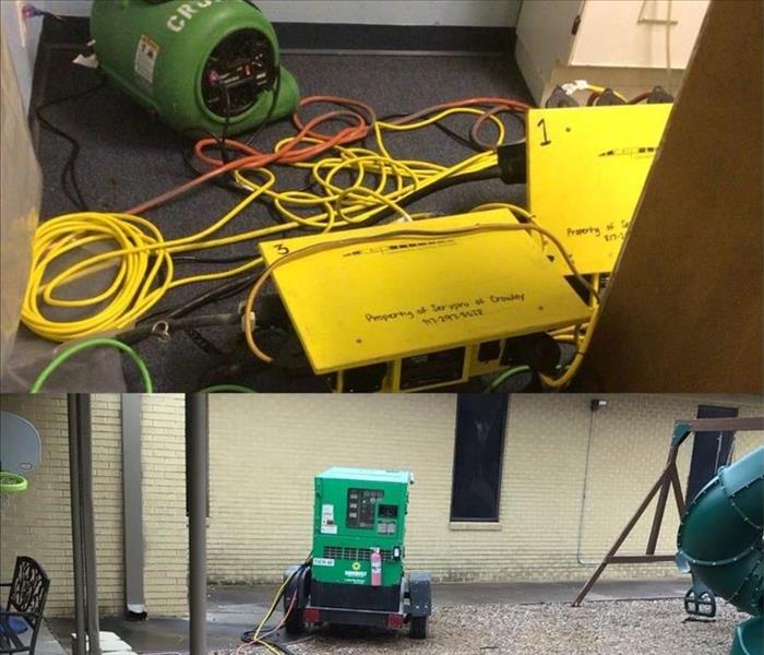 Top image: 2 power boxes and 1 air mover push air along a wall. Bottom image: 1 generator outside church building.