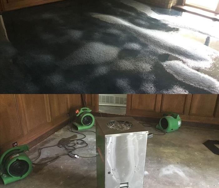 Top image: A carpet floating in 6 inches of water. Bottom image: 3 green air movers and a dehumidifier drying concrete.